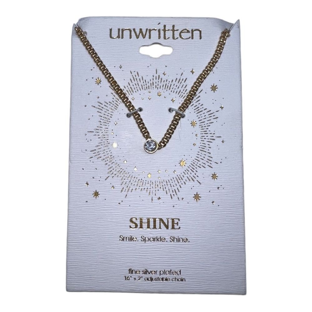 Unwritten Gold Tone Silver Plated Cubic Zirconia Solitaire Pendant Necklace NWT